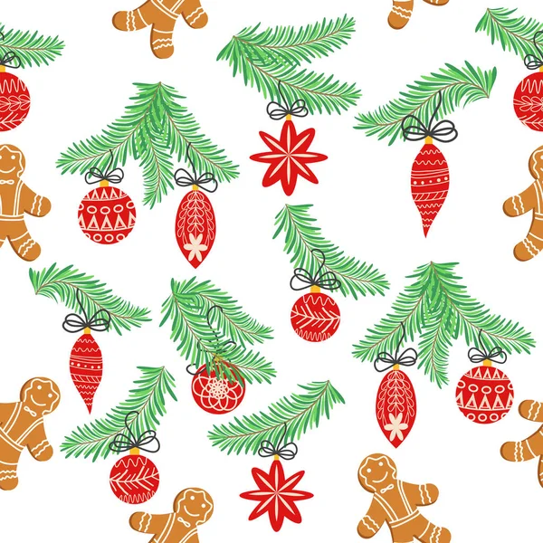 无缝隙的圣诞节图案与杉树的枝条 Spruce背景 圣诞和新年快乐的无缝图案与圣诞玩具和礼物 时尚复古风格 — 图库矢量图片