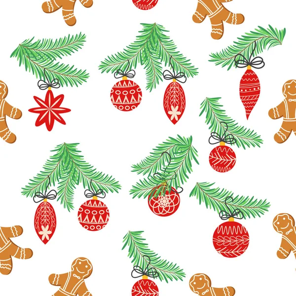 无缝隙的圣诞节图案与杉树的枝条 Spruce背景 圣诞和新年快乐的无缝图案与圣诞玩具和礼物 时尚复古风格 — 图库矢量图片