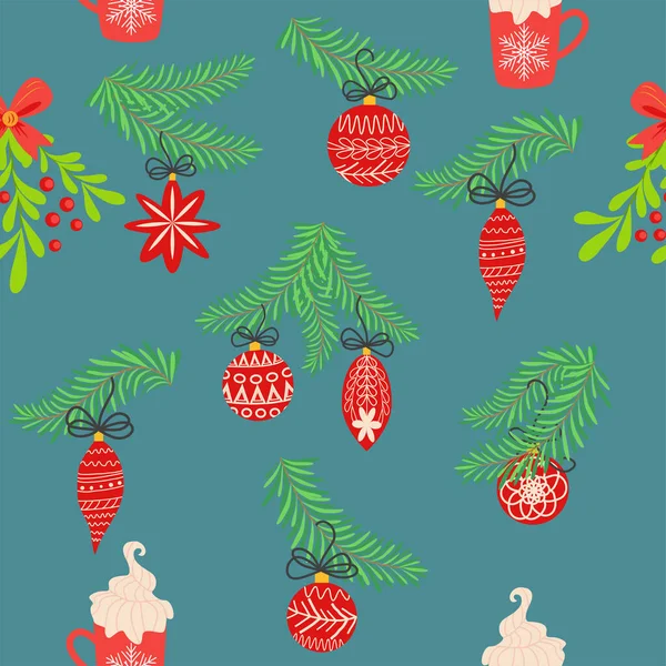 Seamless Christmas Pattern Fir Branches Spruce Background Christmas Happy New — Stock Vector