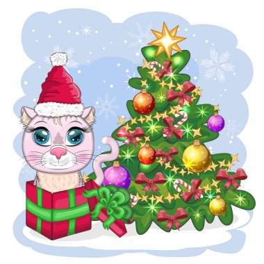 Noel Baba 'nın şapkasındaki sevimli çizgi film kedisi süslü Noel ağacının yanında. Kış 2023, Noel ve Çin Yeni Yılı.