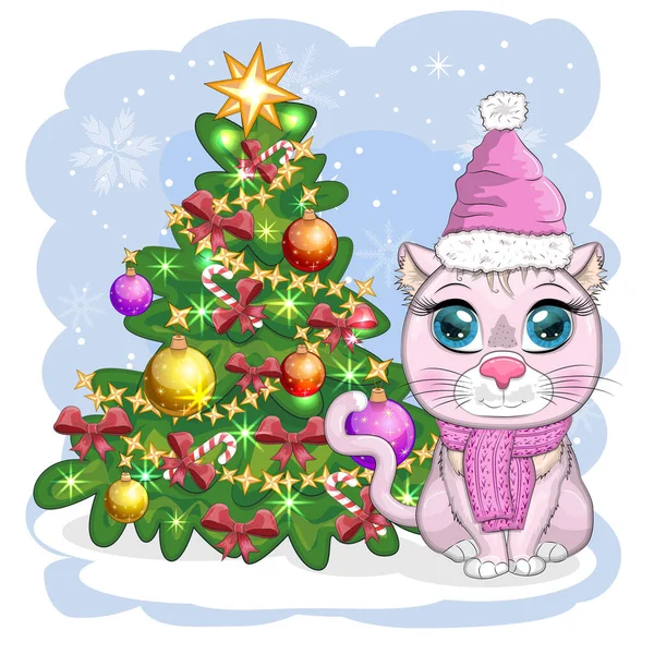 Gato Desenho Animado Bonito Chapéu Papai Noel Perto Árvore Natal — Vetor de Stock