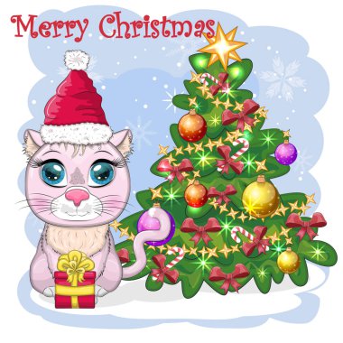 Noel Baba 'nın şapkasındaki sevimli çizgi film kedisi süslü Noel ağacının yanında. Kış 2023, Noel ve Çin Yeni Yılı.