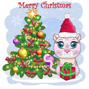 Noel Baba 'nın şapkasındaki sevimli çizgi film kedisi süslü Noel ağacının yanında. Kış 2023, Noel ve Çin Yeni Yılı.