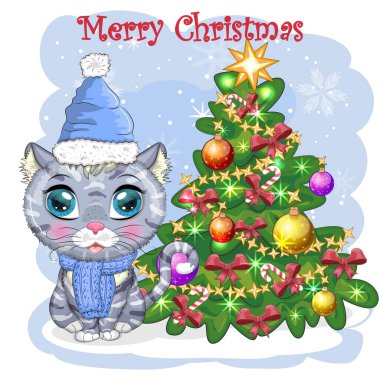 Noel Baba 'nın şapkasındaki sevimli çizgi film kedisi süslü Noel ağacının yanında. Kış 2023, Noel ve Çin Yeni Yılı.