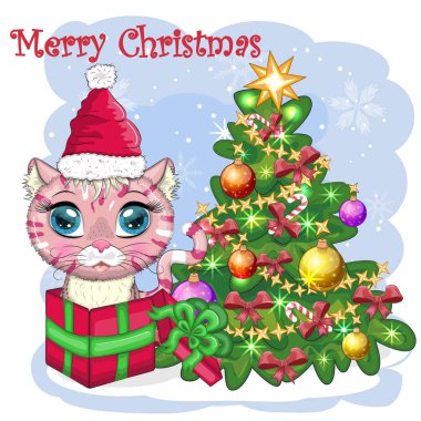 Noel Baba 'nın şapkasındaki sevimli çizgi film kedisi süslü Noel ağacının yanında. Kış 2023, Noel ve Çin Yeni Yılı.