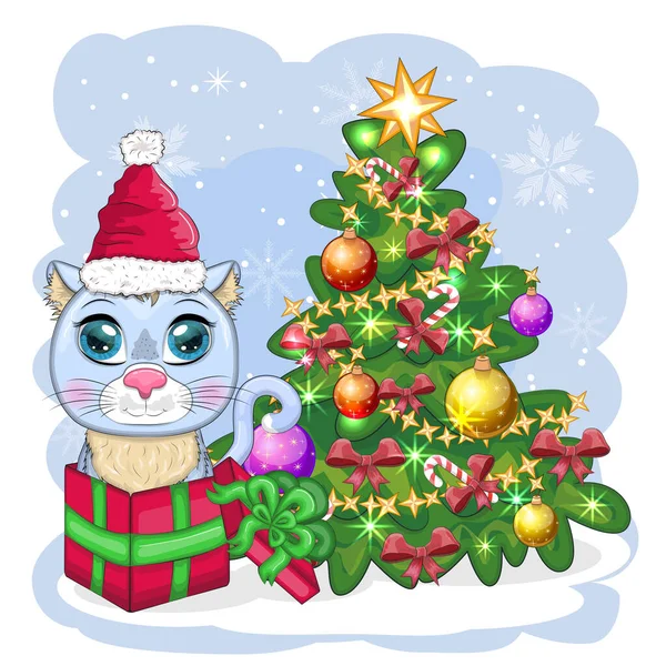 Niedliche Cartoon Katze Mit Weihnachtsmütze Der Nähe Des Geschmückten Weihnachtsbaums — Stockvektor