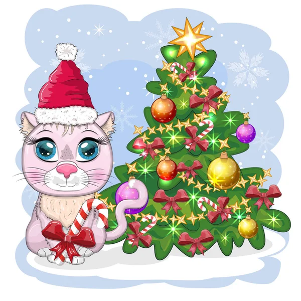 Gato Desenho Animado Bonito Chapéu Papai Noel Perto Árvore Natal —  Vetores de Stock