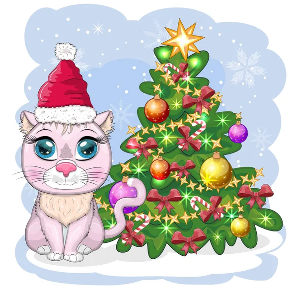 Gato Desenho Animado Bonito Chapéu Papai Noel Perto Árvore Natal —  Vetores de Stock