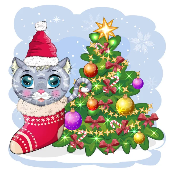 Gato Desenho Animado Bonito Chapéu Papai Noel Perto Árvore Natal — Vetor de Stock