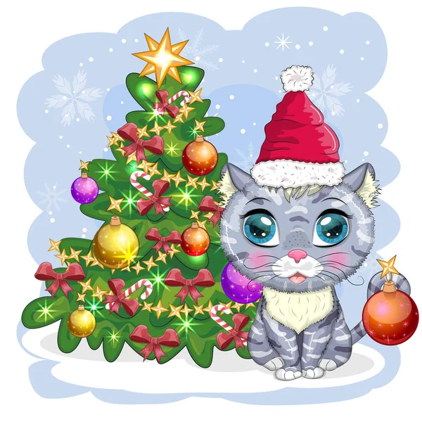 Gato Desenho Animado Bonito Chapéu Papai Noel Perto Árvore Natal — Vetor de Stock
