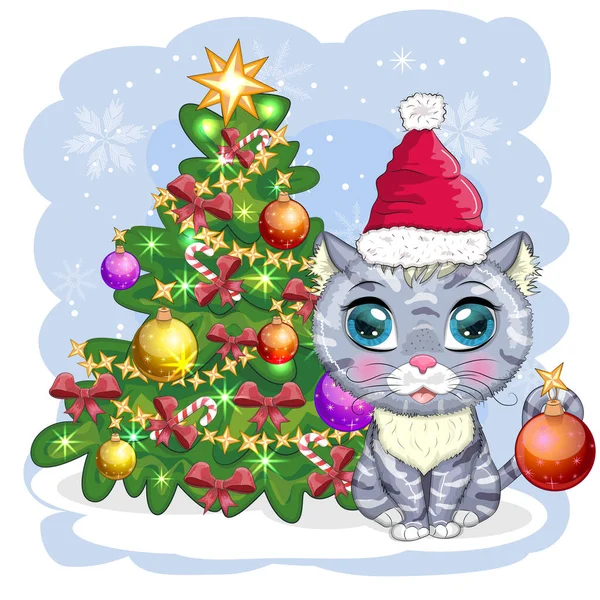 Lindo Gato Dibujos Animados Sombrero Santa Cerca Del Árbol Navidad — Archivo Imágenes Vectoriales