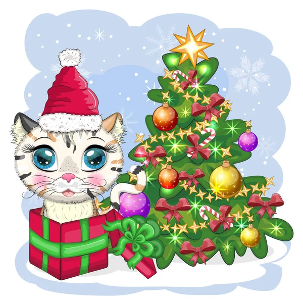 可爱的卡通猫在圣诞老人的帽子靠近装饰圣诞树 2023年冬季 圣诞节及农历新年 — 图库矢量图片