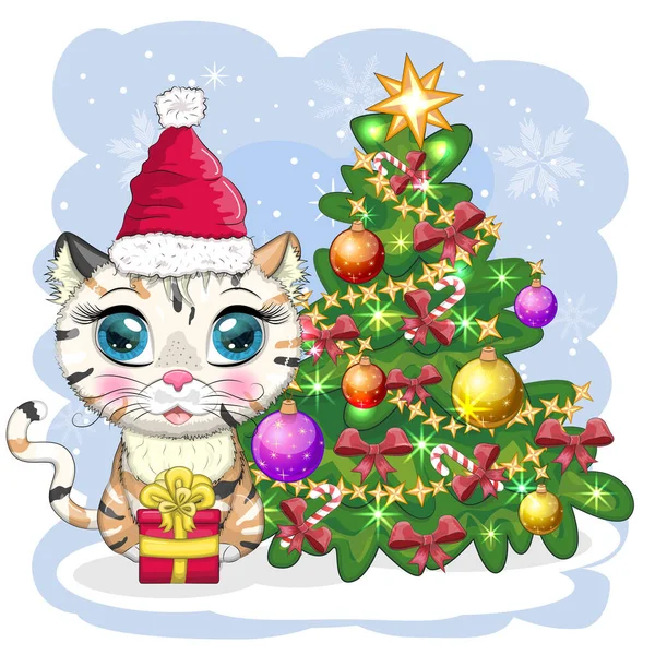 Leuke Cartoon Kat Santa Hoed Buurt Van Versierde Kerstboom Winter — Stockvector