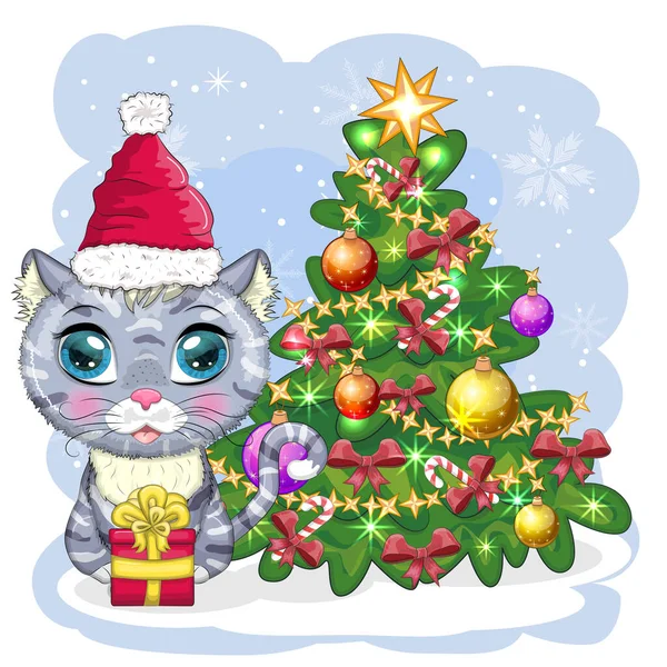 Lindo Gato Dibujos Animados Sombrero Santa Cerca Del Árbol Navidad — Archivo Imágenes Vectoriales