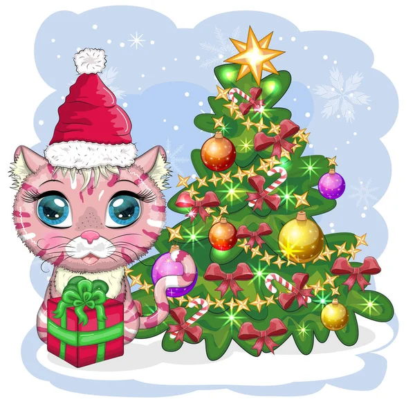 Leuke Cartoon Kat Santa Hoed Buurt Van Versierde Kerstboom Winter — Stockvector