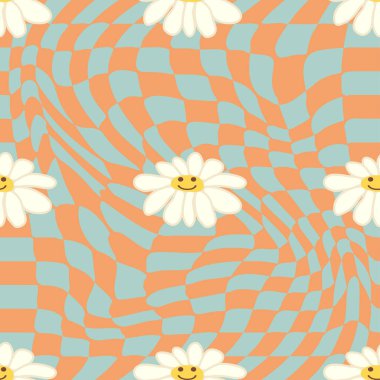 Retro Smile Papatya Deseni 1970 Dalgalı Girdap Deseni 'nde kusursuz desen. Hippi estetiği. Çiçek duvar kağıdı