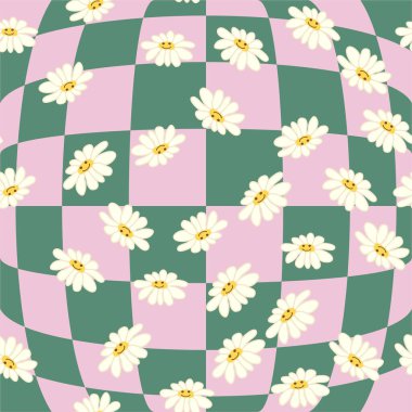 Retro Smile Papatya Deseni 1970 Dalgalı Girdap Deseni 'nde kusursuz desen. Hippi estetiği. Çiçek duvar kağıdı