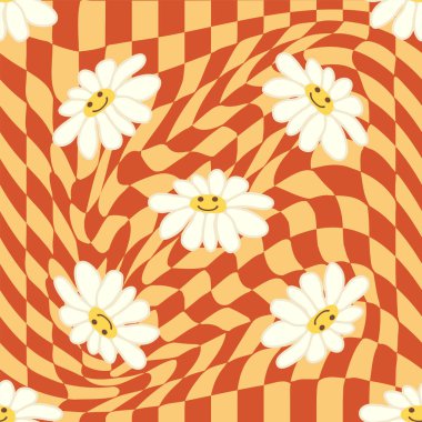 Retro Smile Papatya Deseni 1970 Dalgalı Girdap Deseni 'nde kusursuz desen. Hippi estetiği. Çiçek duvar kağıdı