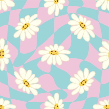 Retro Smile Papatya Deseni 1970 Dalgalı Girdap Deseni 'nde kusursuz desen. Hippi estetiği. Çiçek duvar kağıdı