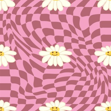 Retro Smile Papatya Deseni 1970 Dalgalı Girdap Deseni 'nde kusursuz desen. Hippi estetiği. Çiçek duvar kağıdı