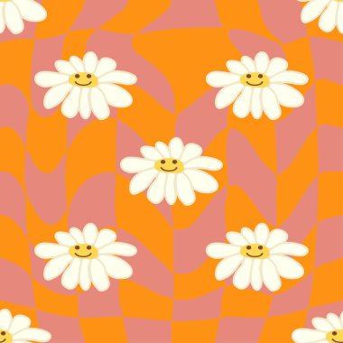 Retro Smile Papatya Deseni 1970 Dalgalı Girdap Deseni 'nde kusursuz desen. Hippi estetiği. Çiçek duvar kağıdı