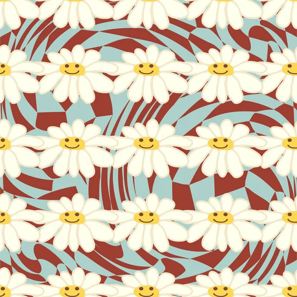 Retro Smile Romomile Seamless Pattern Wavy Swirl Seamless Pattern 1970 — стоковый вектор