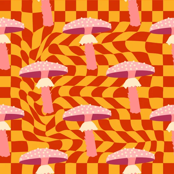 迷幻药物蘑菇无缝图案 迷幻的幻觉 六七十年代嬉皮士五彩缤纷的艺术 复古迷幻纺织品 包装材料 — 图库矢量图片