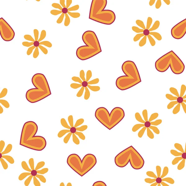 Love Heart Daisies Waves Positivity Retro 70S Seamless Pattern Yellow — Stock Vector