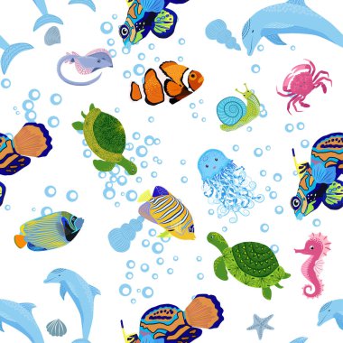 Deniz canlılarının kusursuz desenleri, deniz kabukları, deniz yosunu, denizyıldızı, deniz hayvanları ve vahşi yaşam arasında güzel bir karakter..