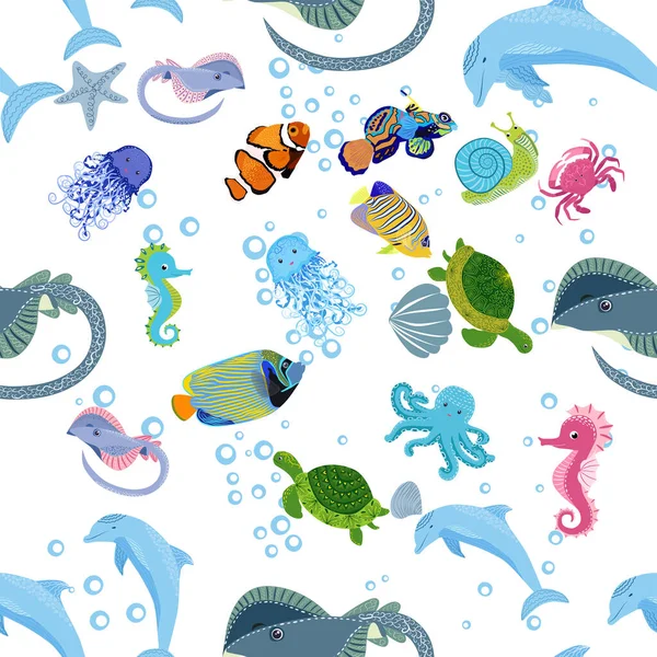 海の住人シームレスなパターン ヒトデ 海の動物野生動物の間の美しい文字自然 — ストックベクタ