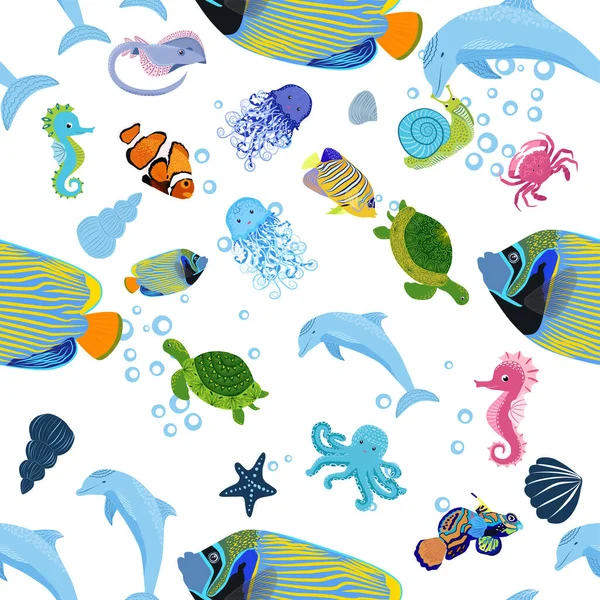 Meeresbewohner Nahtloses Muster Wunderschöner Charakter Zwischen Muscheln Algen Seesternen Meerestieren — Stockvektor