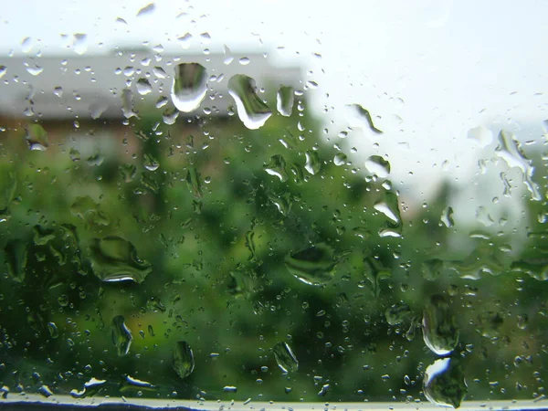 Deszczowe Dni Krople Deszczu Powierzchni Okna Krople Szkło — Zdjęcie stockowe