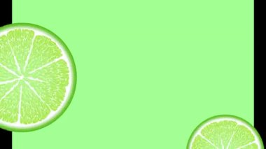 Sulu kireç çemberleri döner, görünür ve kaybolur, suya düşer. Turuncu, kırmızı, sarı, yeşil meyve.