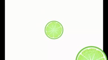 Sulu kireç çemberleri döner, görünür ve kaybolur, suya düşer. Turuncu, kırmızı, sarı, yeşil meyve.