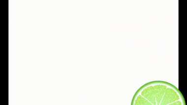 Sulu kireç çemberleri döner, görünür ve kaybolur, suya düşer. Turuncu, kırmızı, sarı, yeşil meyve.