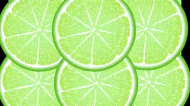 Sulu kireç çemberleri döner, görünür ve kaybolur, suya düşer. Turuncu, kırmızı, sarı, yeşil meyve.