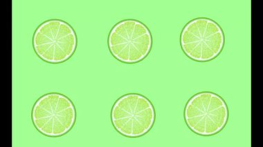 Sulu kireç çemberleri döner, görünür ve kaybolur, suya düşer. Turuncu, kırmızı, sarı, yeşil meyve.