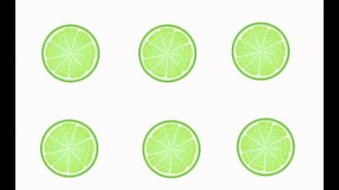 Sulu kireç çemberleri döner, görünür ve kaybolur, suya düşer. Turuncu, kırmızı, sarı, yeşil meyve.