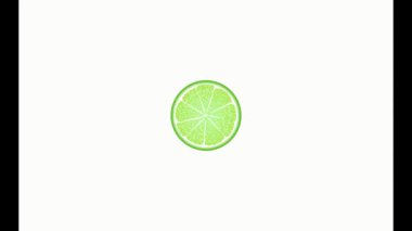 Sulu kireç çemberleri döner, görünür ve kaybolur, suya düşer. Turuncu, kırmızı, sarı, yeşil meyve.