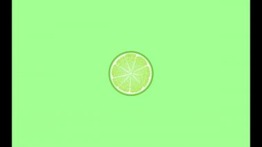 Sulu kireç çemberleri döner, görünür ve kaybolur, suya düşer. Turuncu, kırmızı, sarı, yeşil meyve.