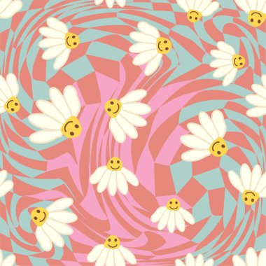 Retro Smile Papatya Deseni 1970 Dalgalı Girdap Deseni 'nde kusursuz desen. Hippi estetiği. Çiçek duvar kağıdı