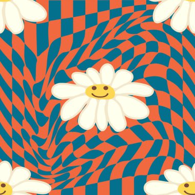 Retro Smile Papatya Deseni 1970 Dalgalı Girdap Deseni 'nde kusursuz desen. Hippi estetiği. Çiçek duvar kağıdı