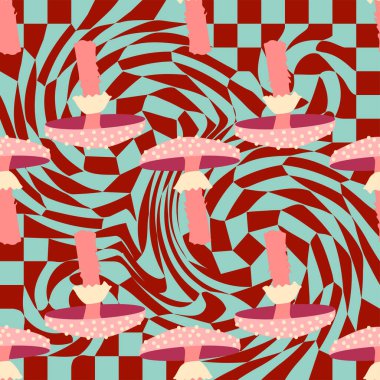 Sihirli saykodelik uyuşturucu mantarları kusursuz kalıplar. Psikedelik halüsinasyon. 60-70 'lerin renkli hippi sanatı. Klasik saykodelik tekstil, kumaş, ambalaj, duvar kağıdı..