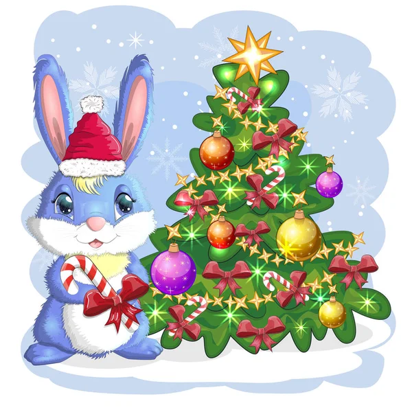 Lindo Conejito Dibujos Animados Sombrero Santa Cerca Del Árbol Navidad — Vector de stock