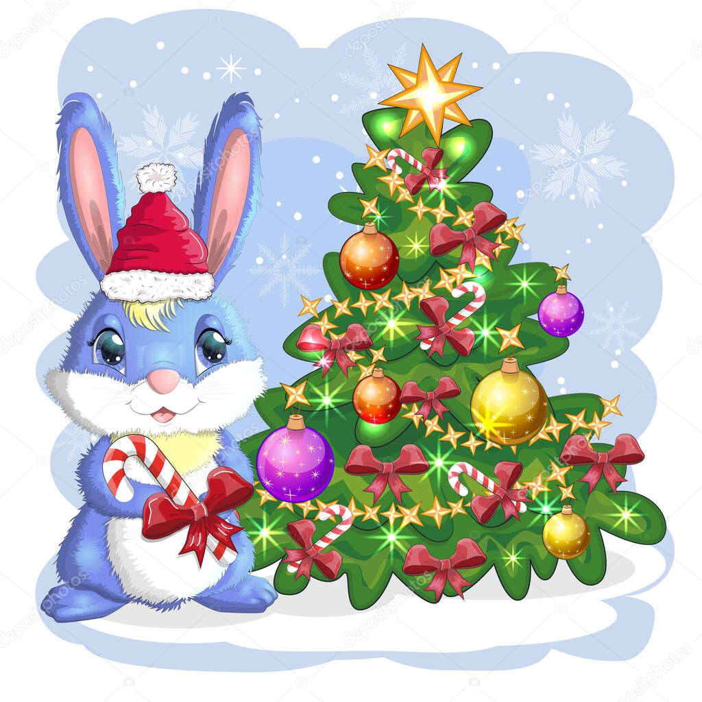 Cute cartoon bunny in Santa's hat near the decorated Christmas tree. Winter 2023, Christmas and New Year.