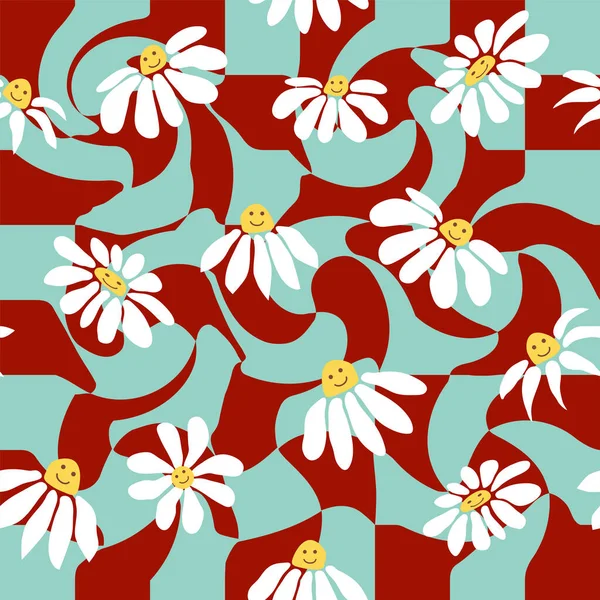 Groovy Daisy Retro Seamless Pattern Retro Smile Chamomile Pattern 1970 — Stockvektor