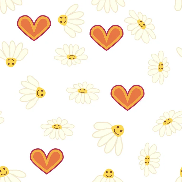 グルービーデイジーレトロシームレスパターン 70年代の雰囲気ヒッピーの飾り 花壁紙 — ストックベクタ
