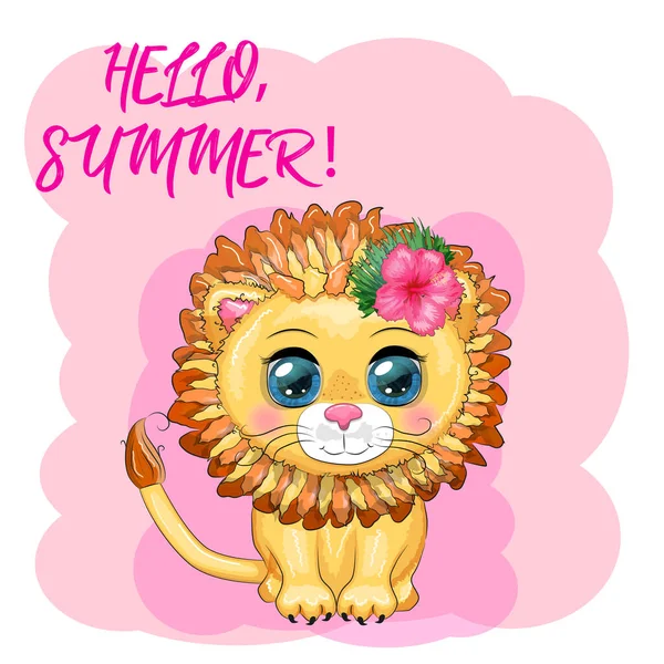 Cute Little Lion Wreath Hawaii Flowers Cartoon Illustration Beach Palm — Stockvektor