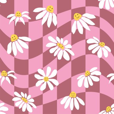 1970 Wavy Girdap Şablonu 'nda Retro Smile Papatya Deseni. Hippi Estetiği