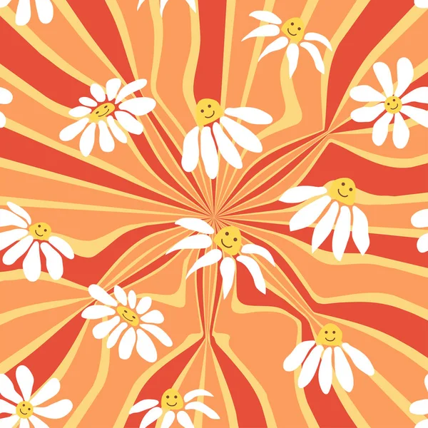 Groovy Daisy Retro Seamless Pattern Retro Smile Chamomile Pattern 1970 — Διανυσματικό Αρχείο